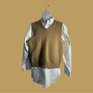 Thane Full Fashioned Men’s V Neck Lambswool Sweater Vest Pullover Tan, M